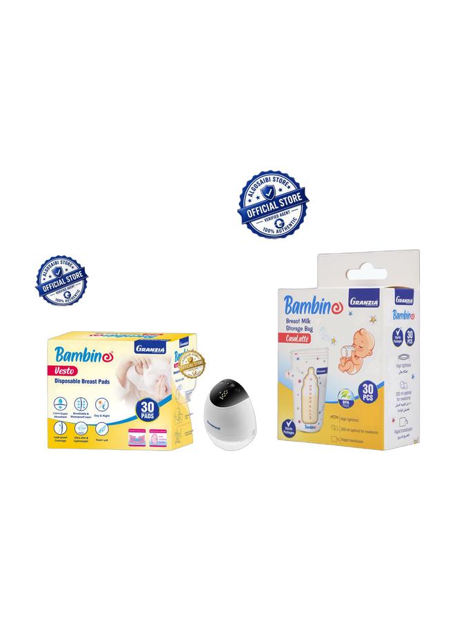 Granzia Sutiafeed Wearable Electric Breast Pump – Hands-Free, Low-Noise, Pain-Free Milk Pump with LCD Display – 3 Modes & 9 Levels – USB Rechargeable – BPA-Free – 3 Shield Sizes – Portable & Ergonomic & Casalatte Breast Milk Storage Bags – 30 Leak-Proof BPA-Free Bags with Pour Spout, Secure Seal, Measuring Scale & Label Field – Freezer Safe & Vesto Disposable Breast Pads – 30 Ultra-Absorbent Day & Night Pads | Soft, Breathable, Invisible Under Clothing, Leak-Proof Comfort Bundle - Image 1