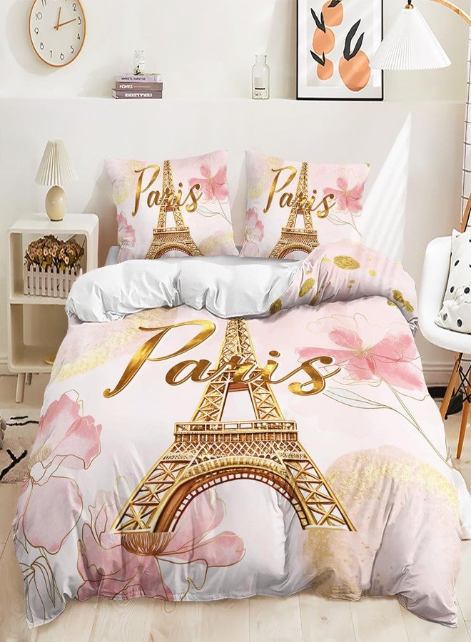 AILONEN Eiffel Tower Pink Duvet Cover Set Queen Size,Tie Dye Flower Comforter Cover Set for Girls Women,3-Piece Pink and Gold Watercolor Gold Paris Duvet Cover with 2 Pillowcases - Image 1
