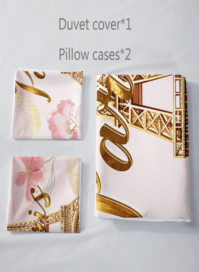 AILONEN Eiffel Tower Pink Duvet Cover Set Queen Size,Tie Dye Flower Comforter Cover Set for Girls Women,3-Piece Pink and Gold Watercolor Gold Paris Duvet Cover with 2 Pillowcases - Image 4