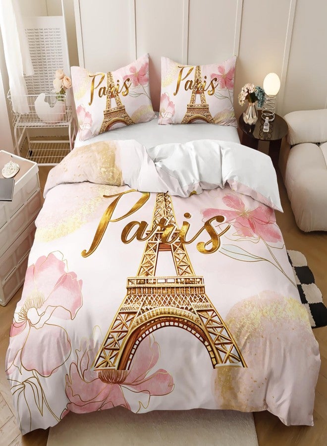 AILONEN Eiffel Tower Pink Duvet Cover Set Queen Size,Tie Dye Flower Comforter Cover Set for Girls Women,3-Piece Pink and Gold Watercolor Gold Paris Duvet Cover with 2 Pillowcases - Image 3
