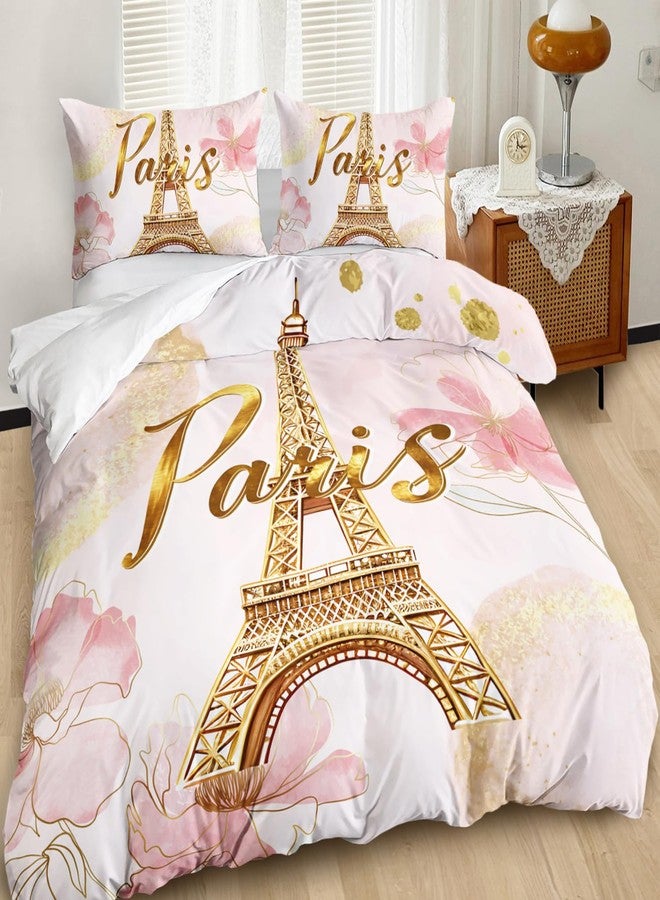 AILONEN Eiffel Tower Pink Duvet Cover Set Queen Size,Tie Dye Flower Comforter Cover Set for Girls Women,3-Piece Pink and Gold Watercolor Gold Paris Duvet Cover with 2 Pillowcases - Image 2