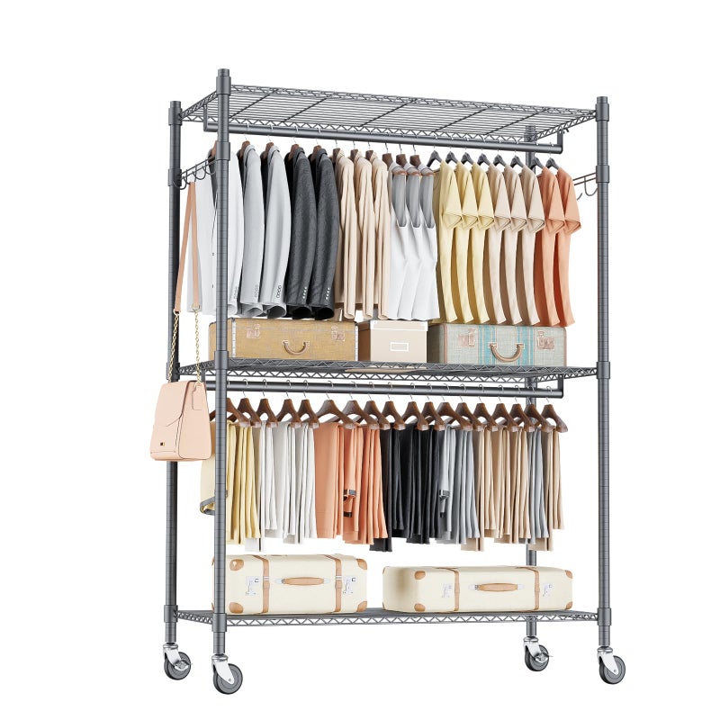 Homdox Heavy Duty Rolling Clothing Rack, Adjustable Garment Rack with 3 Tier Storage Shelves, Freestanding Closet Wardrobe for Hanging Clothes with Side Hooks, Gray - Image 1