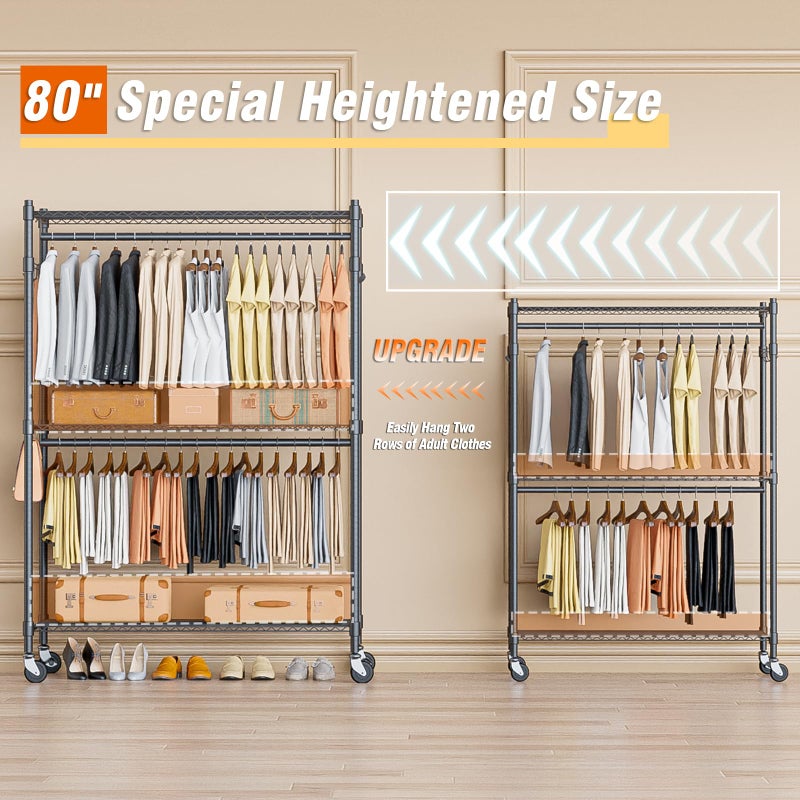 Homdox Heavy Duty Rolling Clothing Rack, Adjustable Garment Rack with 3 Tier Storage Shelves, Freestanding Closet Wardrobe for Hanging Clothes with Side Hooks, Gray - Image 2