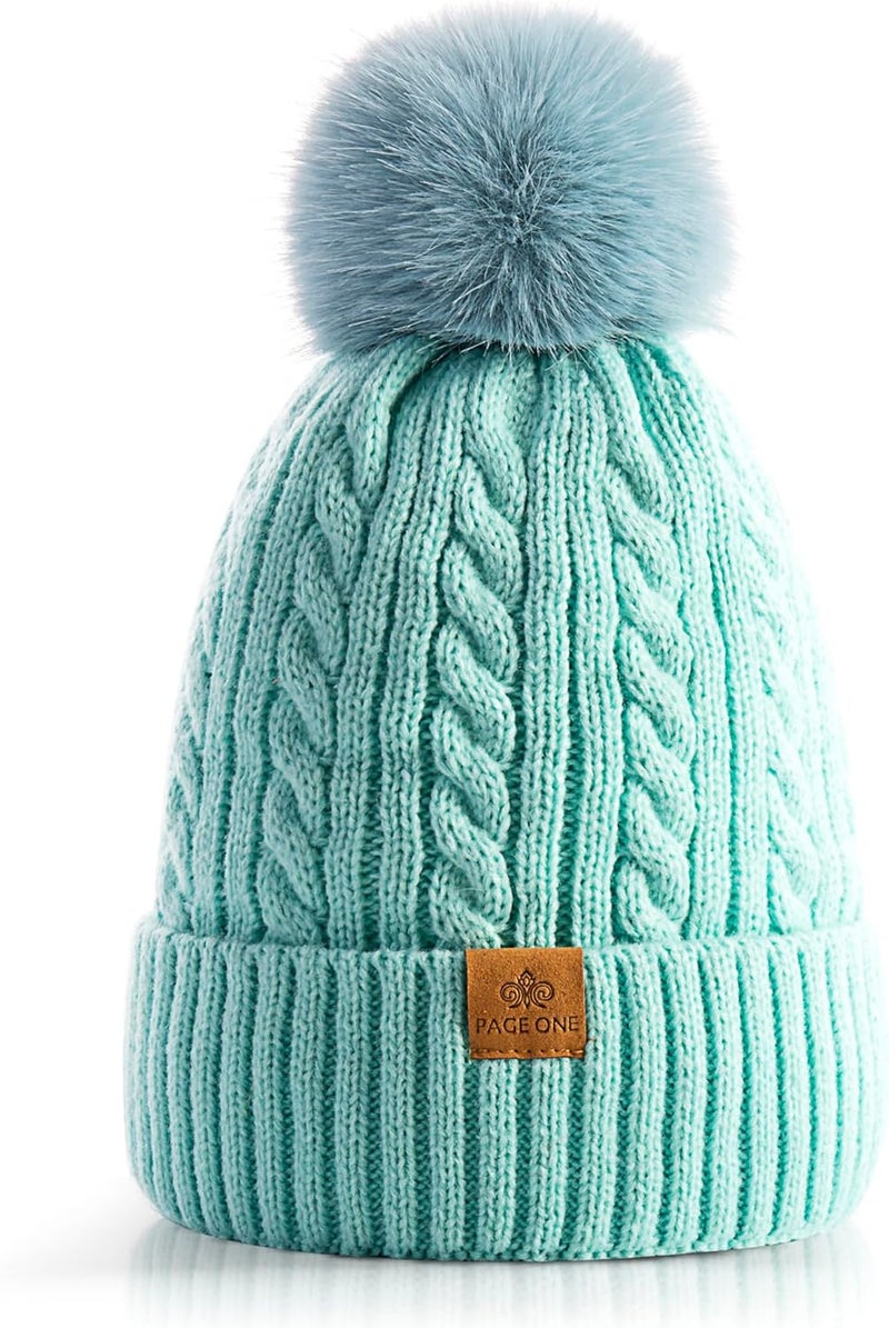 PAGE ONE Women Winter Pom Pom Beanie Hats Warm Fleece Lined,Chunky Trendy Cute Chenille Knit Twist Cap - Image 1