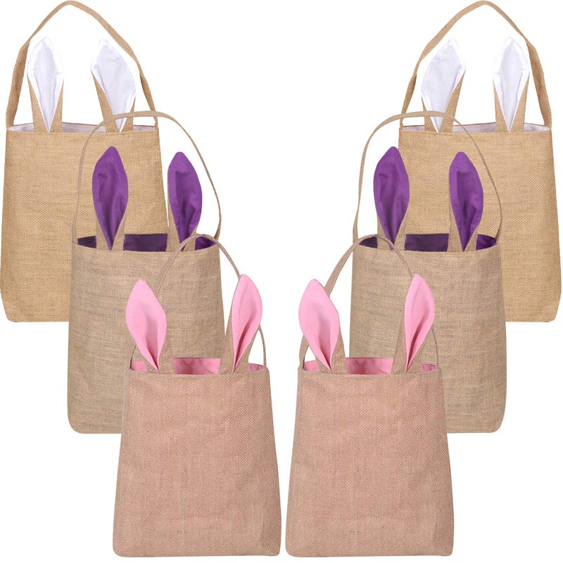 KEFAN KEFAN 6 Pack Easter Bunny Bags Easter Bunny Baskets Jute Burlap Bunny Ear Tote Bags Easter Bags 01 