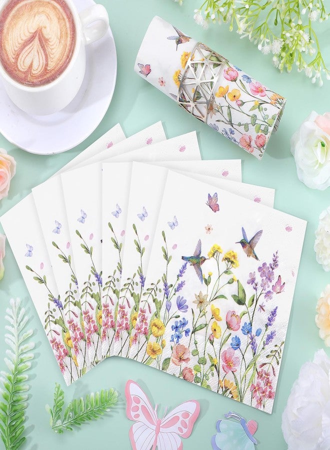 NatNarr 100 Pcs Wildflower Napkins, 2-Ply Floral Cocktail Napkins Spring Decoupage Napkin Butterfly Hummingbird Flower Dessert Beverage Napkin for Easter Baby Shower, Tea Party - Image 2