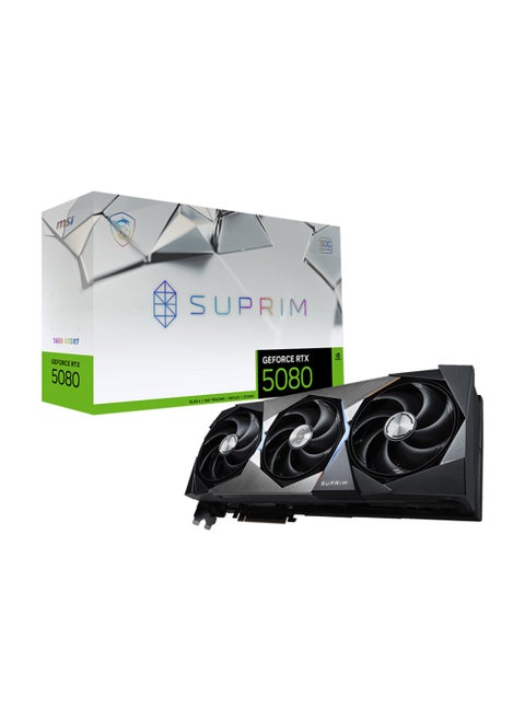 GeForce RTX 5080 16G SUPRIM SOC, 16GB GDDR7, 10752 CUDA Cores, 256-bit Memory Bus, 30 Gbps Memory Speed, PCIe Gen 5 x16, Boost Clock 2745 MHz, DisplayPort 2.1 x3, HDMI 2.1, 4K 480Hz, 8K 120Hz, 360W Power Consumption, 7680 x 4320 Max Resolution, G-SYNC, DirectX 12 Ultimate, OpenGL 4.6 Support Black