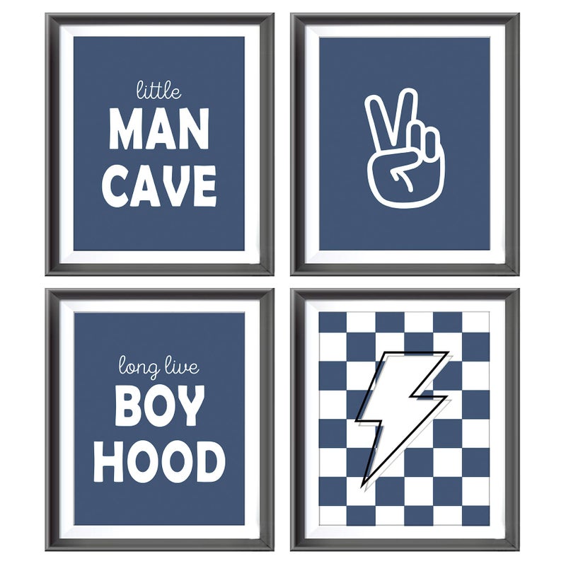 AEHIE Little Man Cave Retro Preppy Checkered Lightning Peace Sign Long Live Boyhood Poster Prints for Boy Teen Room Dorm Decor Preppy Decorations Prints Wall Art Unframed 4pcs 8x10inches Teen Boys Gifts - Image 1