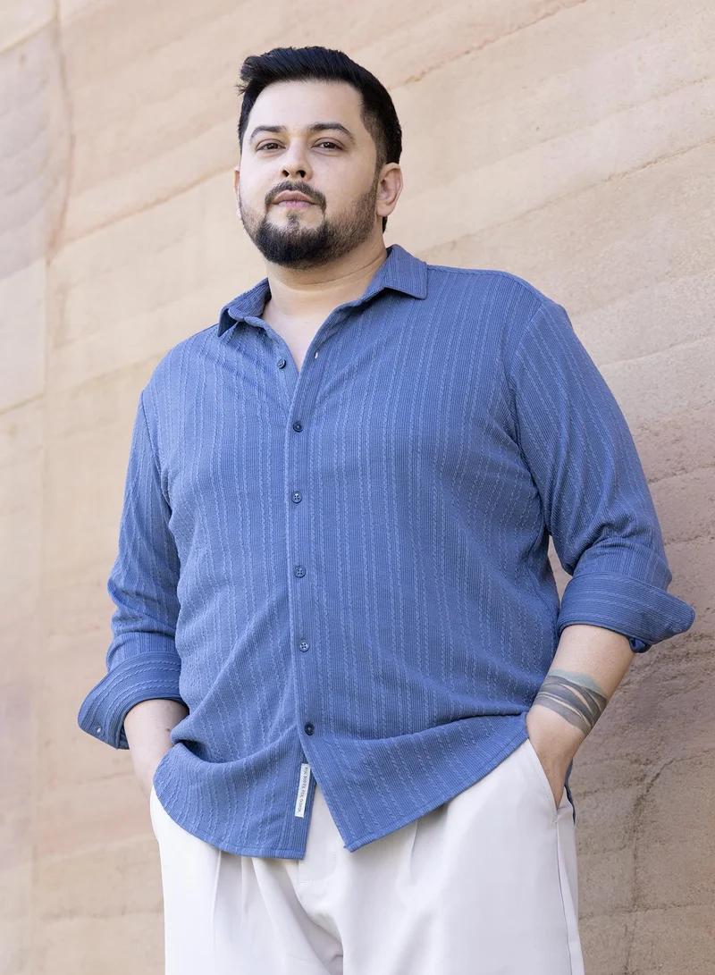 Instafab Plus Instafab Plus Men's Cornflower Blue Parallel-Crease Tactile Shirt For Casual Wear | Spread Collar | Long Cuffed Sleeves | Button Closure | Plus Size Shirt Crafted With Comfort Fit For Everyday Wear