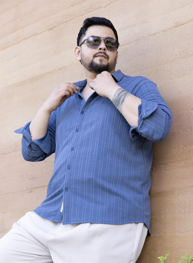 Instafab Plus Instafab Plus Men's Cornflower Blue Parallel-Crease Tactile Shirt For Casual Wear | Spread Collar | Long Cuffed Sleeves | Button Closure | Plus Size Shirt Crafted With Comfort Fit For Everyday Wear