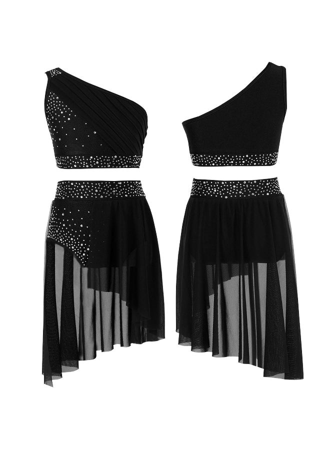 Kids Girls Lyrical Dance Outfit Set Overlay One Shoulder Crop Top with Skirted Briefs Rhinestone Sheer Mesh Dancewear Costume