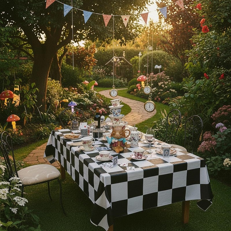 BRALEO Alice Party Decorations,Wonderland Theme Party Table Cover, Black and White PVC Tablecloth,Garden Checkered Tea Party Decoration Cloth Rectangula 55"X98" - Image 2