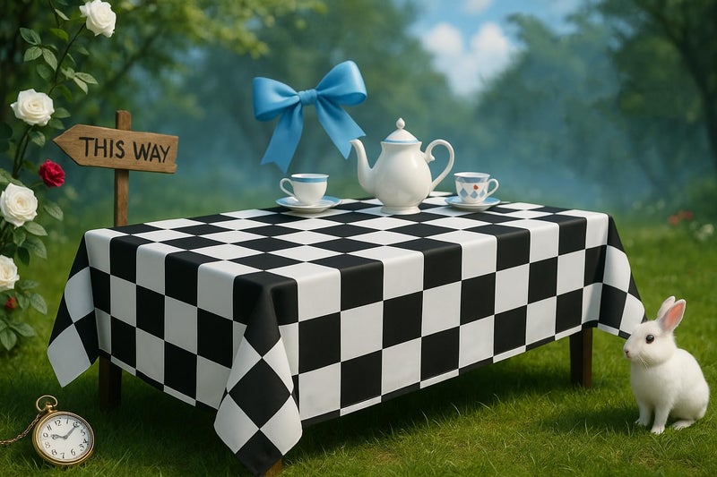 BRALEO Alice Party Decorations,Wonderland Theme Party Table Cover, Black and White PVC Tablecloth,Garden Checkered Tea Party Decoration Cloth Rectangula 55"X98" - Image 1