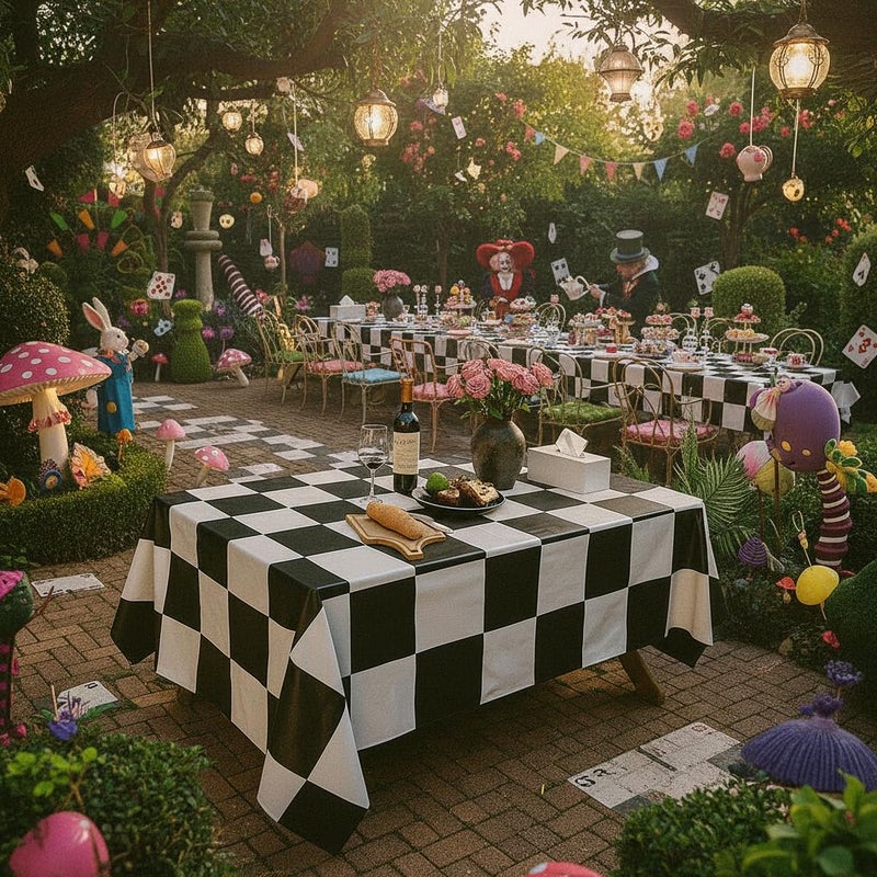BRALEO Alice Party Decorations,Wonderland Theme Party Table Cover, Black and White PVC Tablecloth,Garden Checkered Tea Party Decoration Cloth Rectangula 55"X98" - Image 5