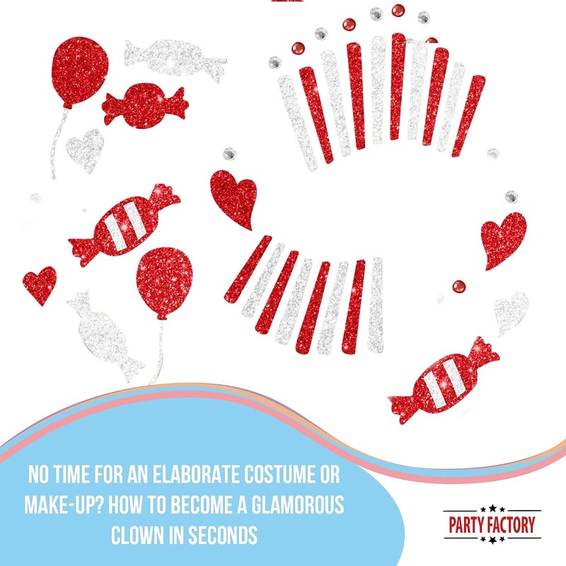 Party Factory Globally selected raw material Face Tattoo Red/White Clown, Temporary Glitter Face Tattoo for Theme Party, Halloween & Carnival, Children & Adults Varied available picks - Image 3