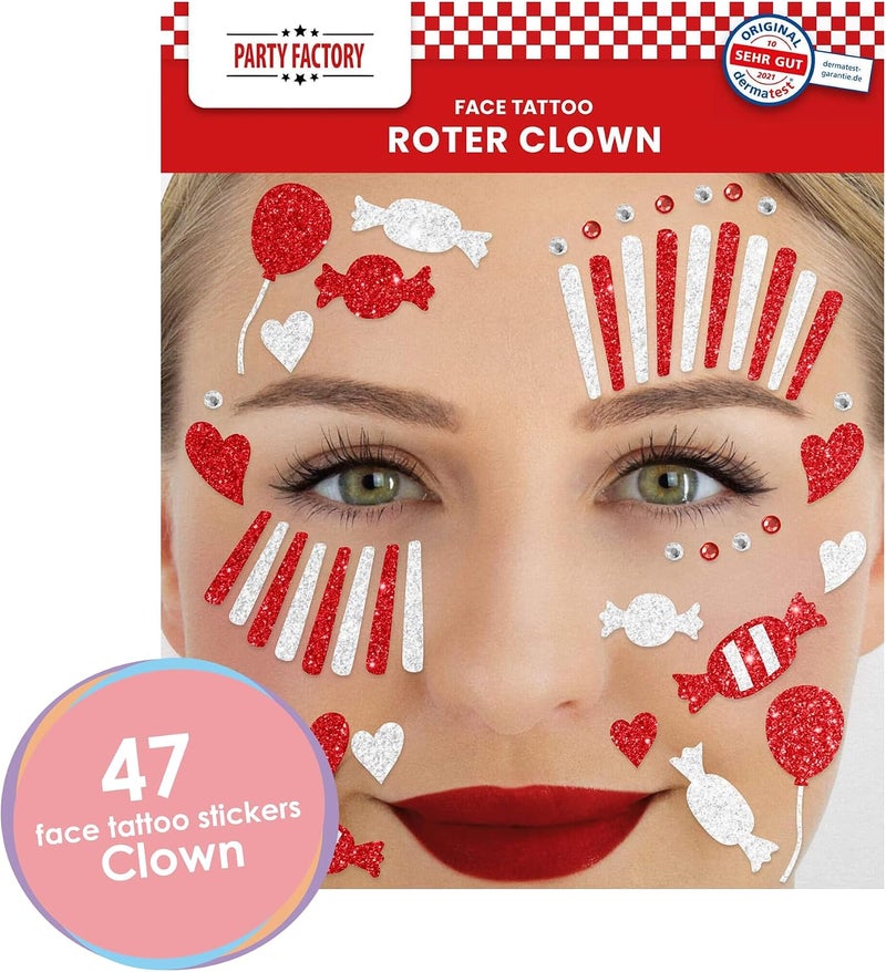 Party Factory Globally selected raw material Face Tattoo Red/White Clown, Temporary Glitter Face Tattoo for Theme Party, Halloween & Carnival, Children & Adults Varied available picks - Image 2