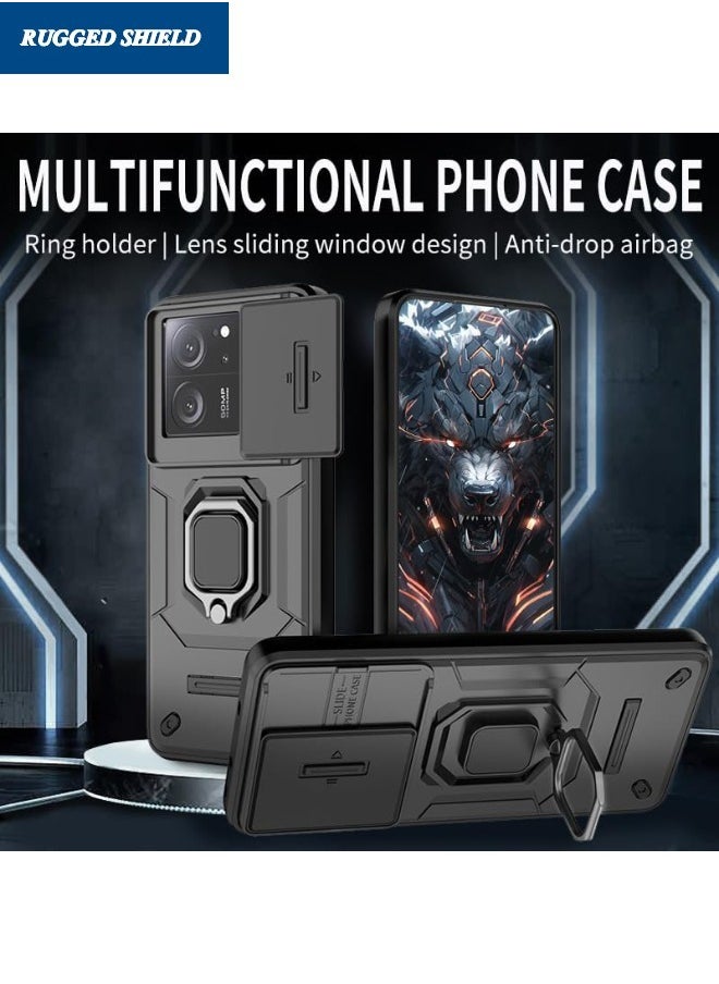 RUGGED SHIELD - Redmi Note 13 Protective Case (Not 4G), Redmi Note 13 Case with Slide Camera Cover, Military Grade Heavy Duty Shockproof Phone Case Cover with Kickstand for Redmi Note 13 5G, Black - Image 1