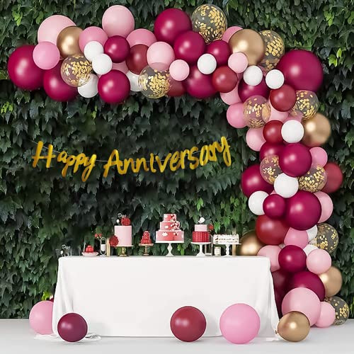 SpecialYou.in Anniversary Decoration Items kit includes Burgundy, Pink, White, Golden Chrome and Gold Confetti Balloons with Happy Anniversary Paper Banner for Anniversary decor- 63 Pieces - Image 1