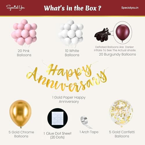SpecialYou.in Anniversary Decoration Items kit includes Burgundy, Pink, White, Golden Chrome and Gold Confetti Balloons with Happy Anniversary Paper Banner for Anniversary decor- 63 Pieces - Image 3