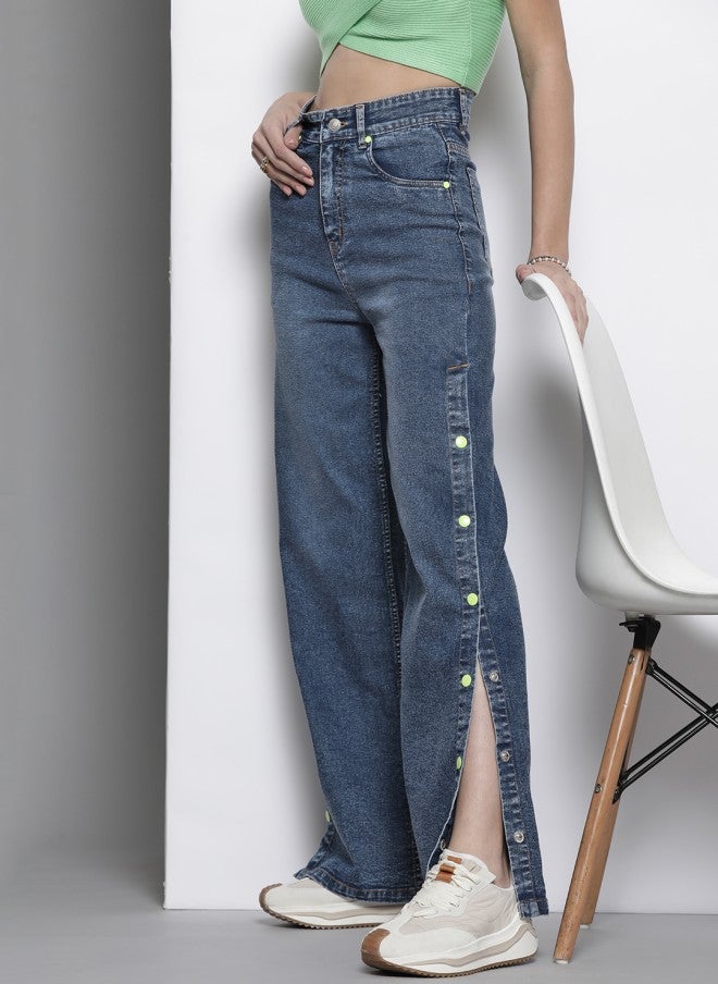 SASSAFRAS Women High-Rise Straight Fit Side Slit Jeans - Image 1