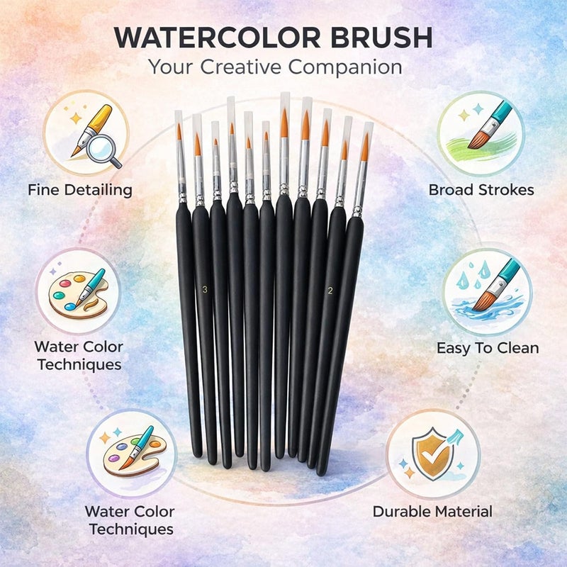 Watercolor Painting Brushes Set, 11 Pcs Weasel Hair Paintbrushes for Acrylic Oil Watercolour - Strong Water Retention, Durable Wooden Handles, Ideal for Art Students and Amateurs - Image 3