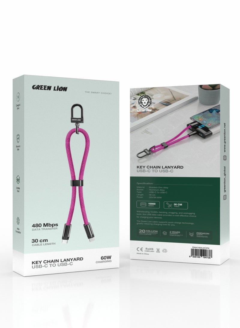 GREEN LION Keychain lanyard USB-C to USB-C 60W / Charge & Sync / Secure & Safe / 30cm Wire /  Wide Compatibility / Fast Charging / 480Mbps Data Transfer - Pink - Image 3