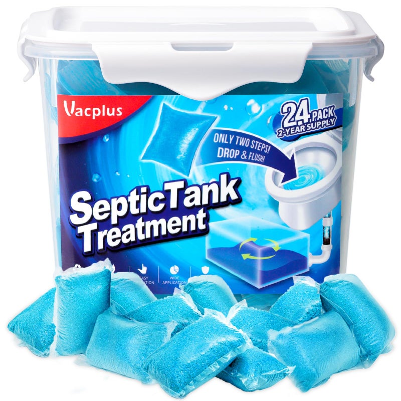 Vacplus Septic Tank Treatment - 24 Packs for 2-Year Supply, Bucket-Packed Septic Tank Treatment Packets, Dissolvable & Flushable Septic Tank Treatment Enzymes with Easy Operation for Wastes & Odors - Image 1