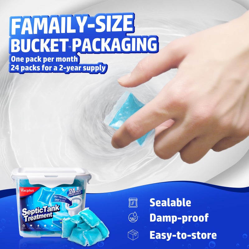 Vacplus Septic Tank Treatment - 24 Packs for 2-Year Supply, Bucket-Packed Septic Tank Treatment Packets, Dissolvable & Flushable Septic Tank Treatment Enzymes with Easy Operation for Wastes & Odors - Image 5