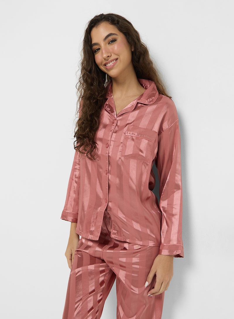 Ginger Satin Stripe Shirt & Pyjama Set - Image 3