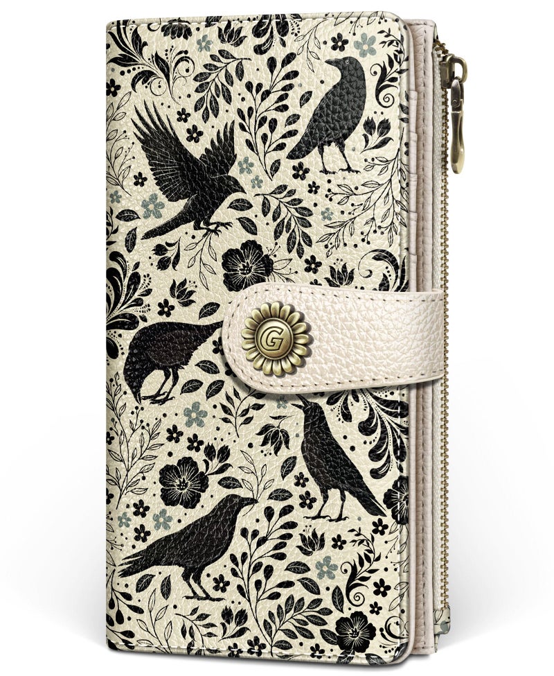 GIANCOMICS Crow Womens Wallet RFID Blocking, Flower Credit Card Holder Bifold, PU Leather Travel Billfold, Long Cute Cash Purse, Zipper Coin Pocket Clutch, ID Window, 11 Card Slot, Ladies Gift Woman - Image 1