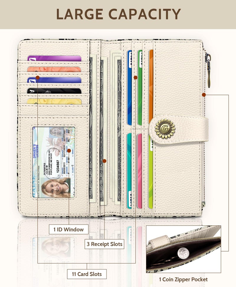GIANCOMICS Crow Womens Wallet RFID Blocking, Flower Credit Card Holder Bifold, PU Leather Travel Billfold, Long Cute Cash Purse, Zipper Coin Pocket Clutch, ID Window, 11 Card Slot, Ladies Gift Woman - Image 3
