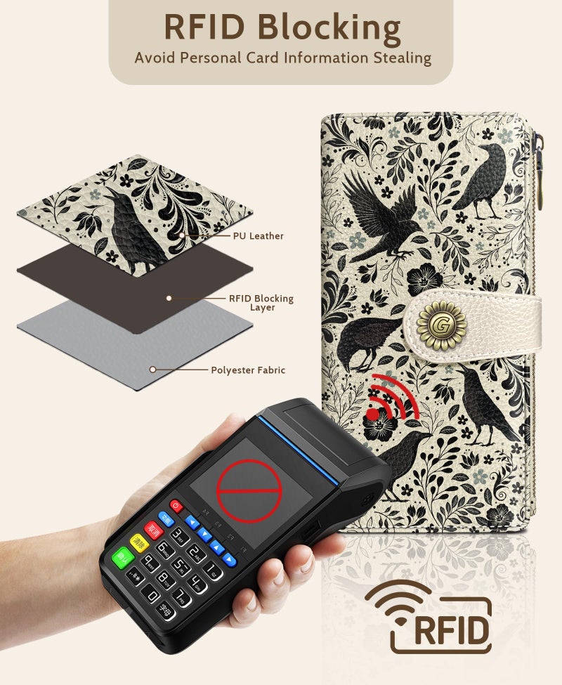 GIANCOMICS Crow Womens Wallet RFID Blocking, Flower Credit Card Holder Bifold, PU Leather Travel Billfold, Long Cute Cash Purse, Zipper Coin Pocket Clutch, ID Window, 11 Card Slot, Ladies Gift Woman - Image 4