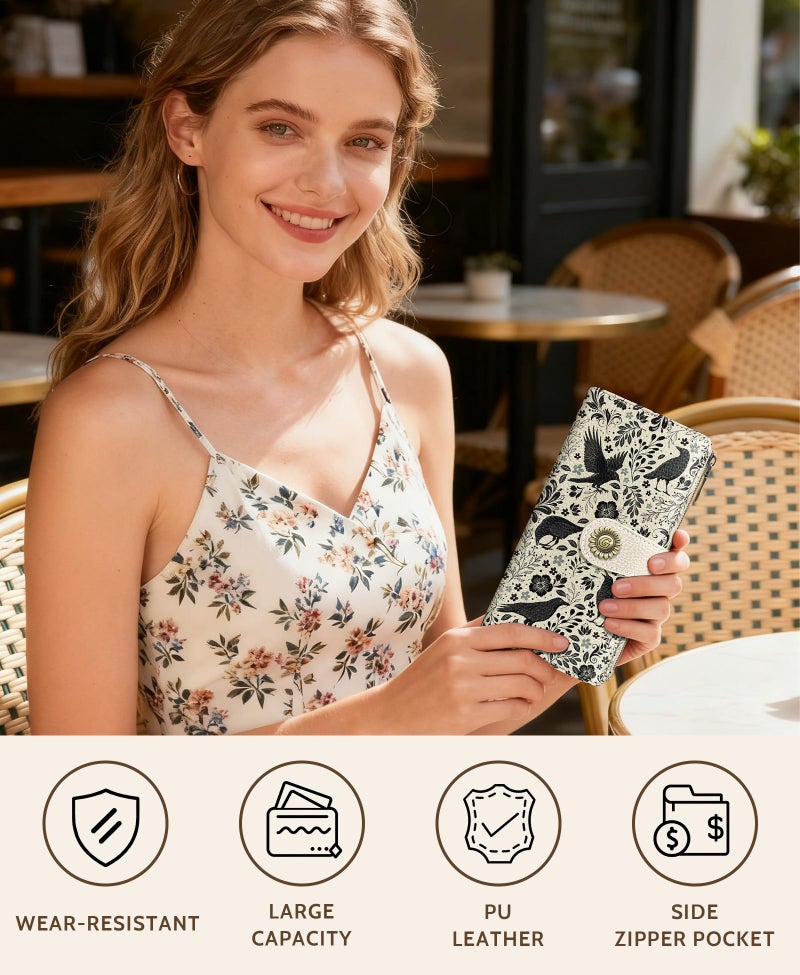 GIANCOMICS Crow Womens Wallet RFID Blocking, Flower Credit Card Holder Bifold, PU Leather Travel Billfold, Long Cute Cash Purse, Zipper Coin Pocket Clutch, ID Window, 11 Card Slot, Ladies Gift Woman - Image 2