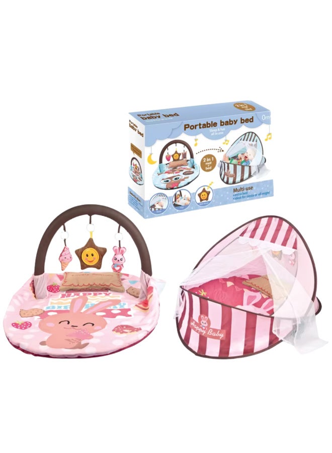 Tiibaby 2 in 1 Portable Baby Cot and Playmat with Mosquito Net and Hanging Toys - Foldable Baby Cot and Playmat - Lightweight and Easy to Carry - Cute and Safe Design for Babies from Birth - Multi-Color (Pink) - Image 1