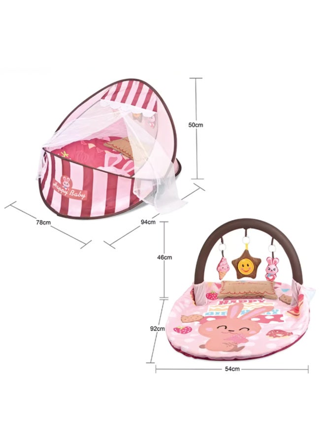 Tiibaby 2 in 1 Portable Baby Cot and Playmat with Mosquito Net and Hanging Toys - Foldable Baby Cot and Playmat - Lightweight and Easy to Carry - Cute and Safe Design for Babies from Birth - Multi-Color (Pink) - Image 2