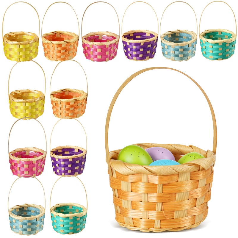 Remerry 12 Pcs Mini Easter Baskets Bulk with Handles, Colorful Small Woven Baskets for Easter Egg Hunt, Tiny Gift Basket for Party Favors, DIY Crafts, Spring Decor - Image 1