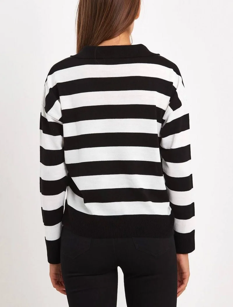 Afa Women's Black White Striped Thin Polo Neck Knitwear Sweater