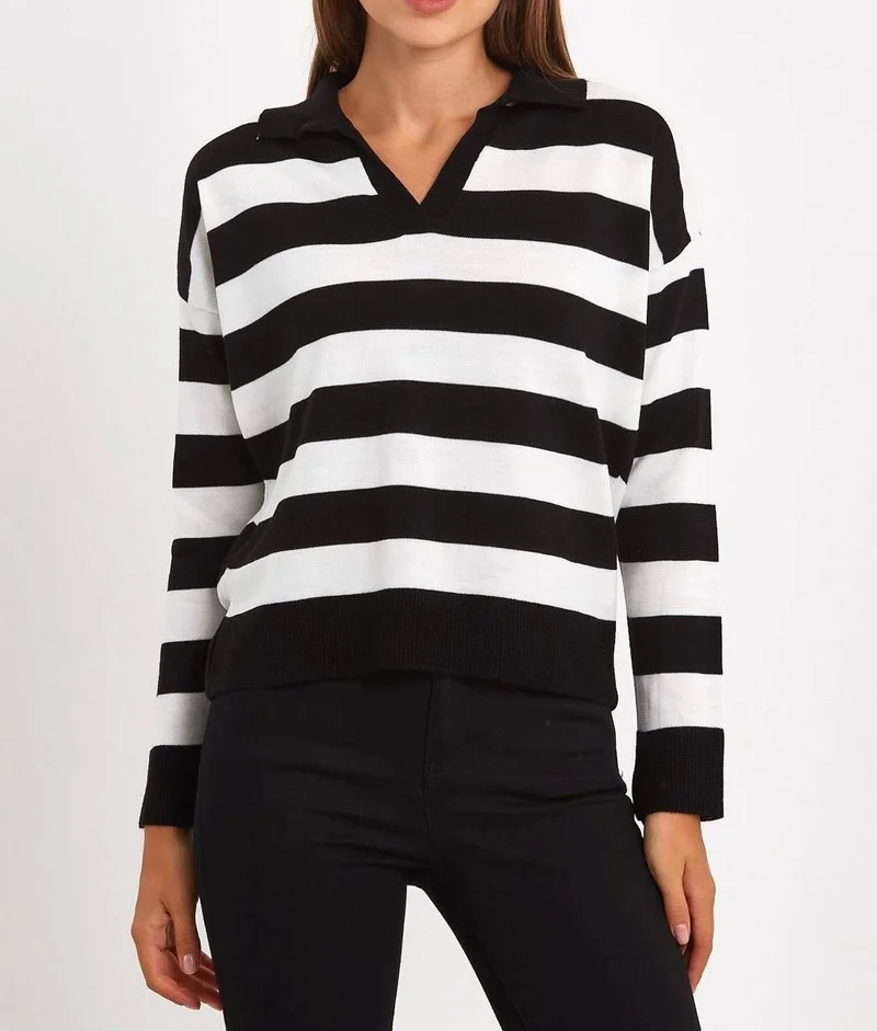 Afa Women's Black White Striped Thin Polo Neck Knitwear Sweater