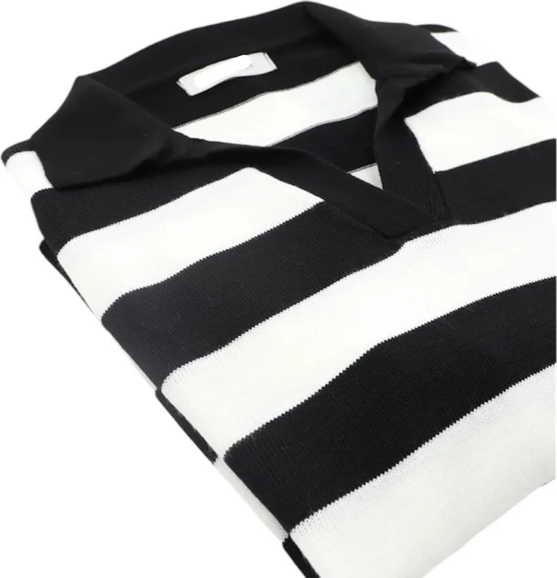 Afa Women's Black White Striped Thin Polo Neck Knitwear Sweater