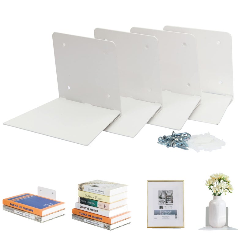 STORAGE MANIAC Floating Book Shelves for Wall Mounted Invisible Floating Bookshelves HeavyDuty Steel Hidden Bookshelf Hanging Bookshelves for Bedroom Living Room Office White 4Pack Large