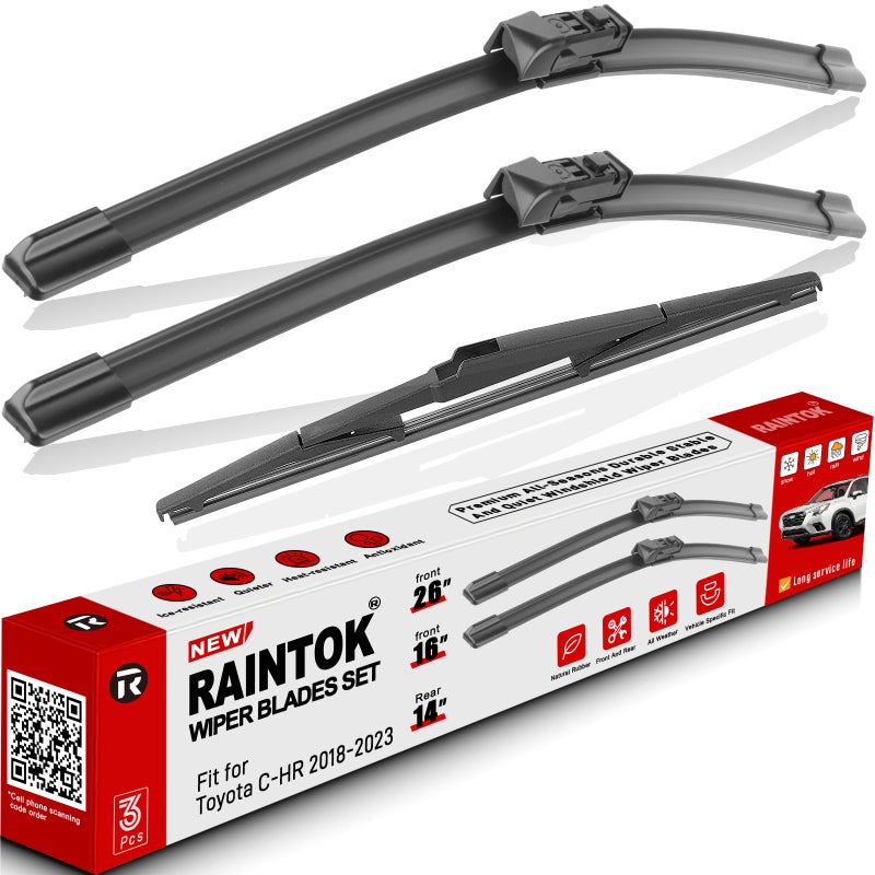 شفاطات الزجاج الأمامي RAINTOK بديل لسيارات تويوتا CHR 2018 2019 2020 2021 مجموعة شفرات المساحات الأمامية والخلفية بجودة المصنع الأصلية 26 16 14 قطعة من 3