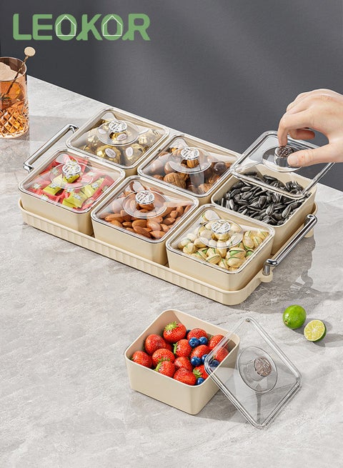 Snack Serving Tray with Lid, 6 Plastic Candy and Nut Serving Container set with Carrying Handle