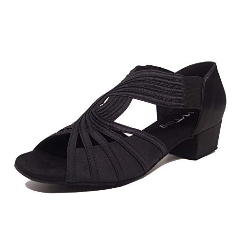 YYTing Low Heel Women Ballroom Dance Shoes Salsa Batchata Social Beginner Practice Wedding Dancing 1.5'' Heels YT04(7.5, Black) - Image 2
