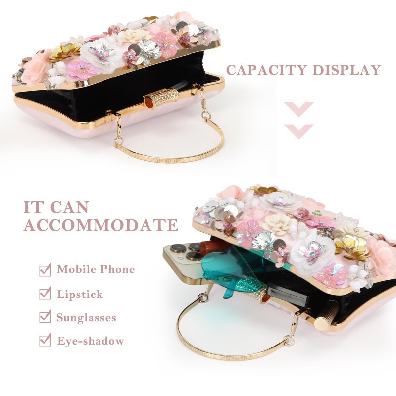 Lanpet Women Clutches Flower Evening Handbag Chain Strap Shoulder Bag Pink - Image 4