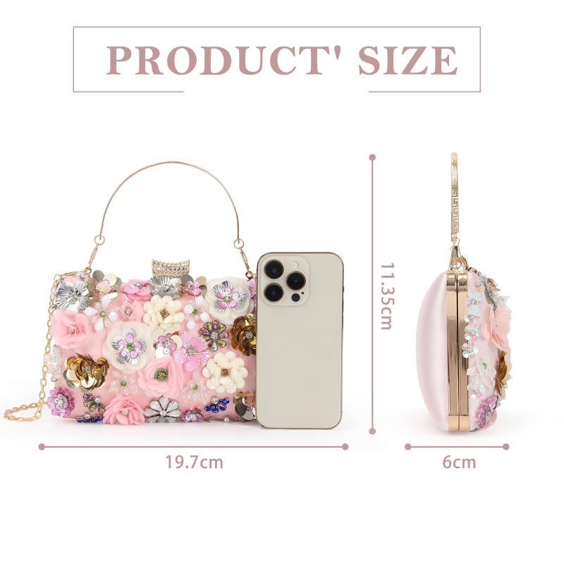 Lanpet Women Clutches Flower Evening Handbag Chain Strap Shoulder Bag Pink - Image 3