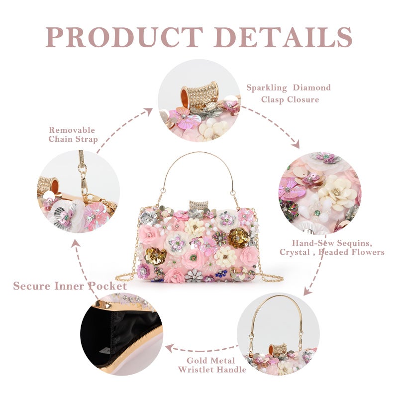 Lanpet Women Clutches Flower Evening Handbag Chain Strap Shoulder Bag Pink - Image 5