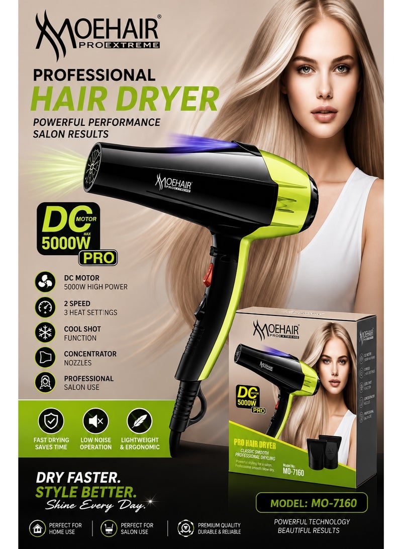 MoeHair MO-7160 Professional Hair Dryer for Women, 5000W High Power, Hot & Cold Air, 2 Heat Settings, Volume Diffuser & Concentrator Nozzles, Fast Drying for Home & Salon Use - Image 2