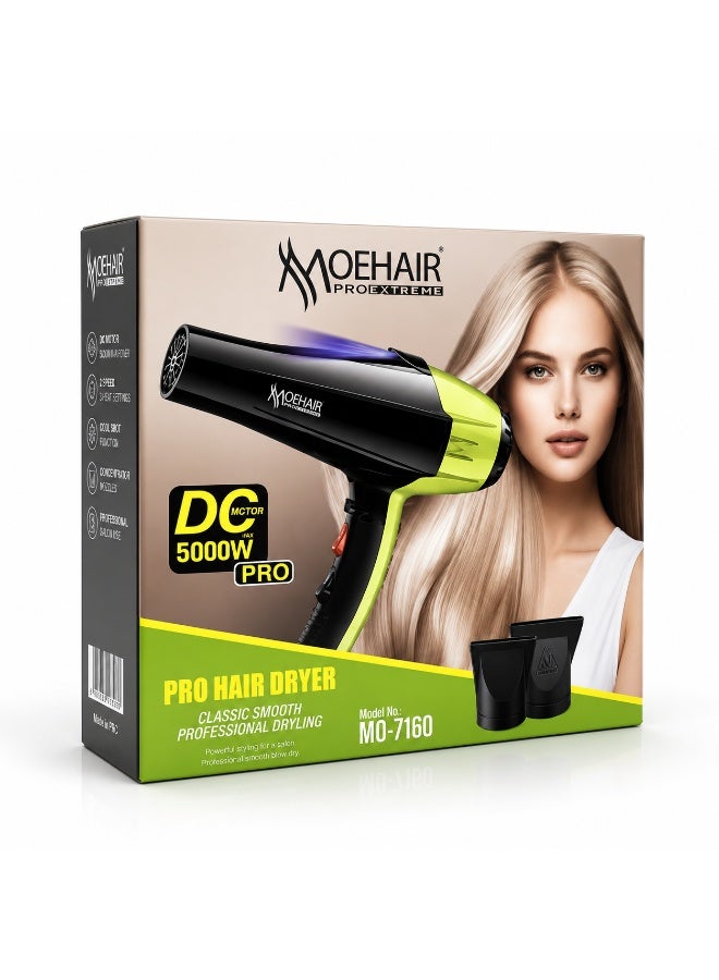 MoeHair MO-7160 Professional Hair Dryer for Women, 5000W High Power, Hot & Cold Air, 2 Heat Settings, Volume Diffuser & Concentrator Nozzles, Fast Drying for Home & Salon Use - Image 3