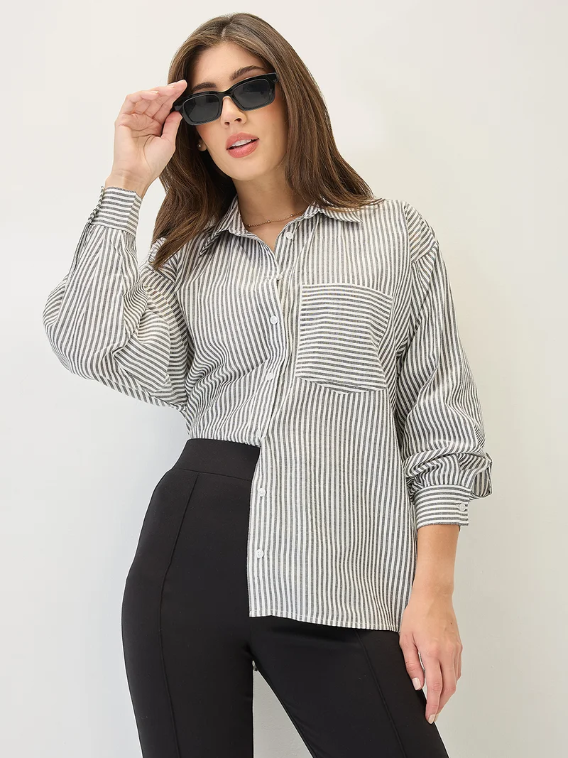 globus Women Cuffed Sleeves Vertical Stripes Chest Pocket High-Low Hem Workwear Shirt