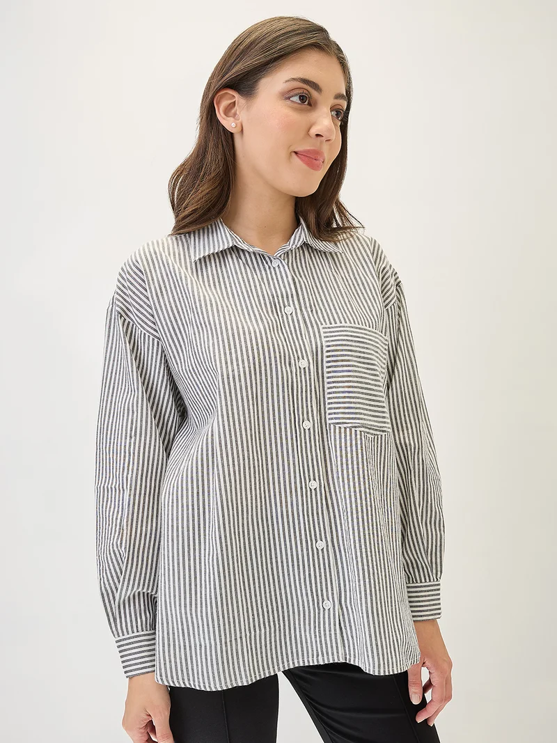 globus Women Cuffed Sleeves Vertical Stripes Chest Pocket High-Low Hem Workwear Shirt
